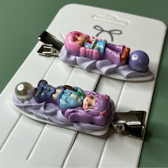 Handmade Purple Cream Glue Hair Clips with Cute Pink and Purple Hair Girls - Picture 4 of 5